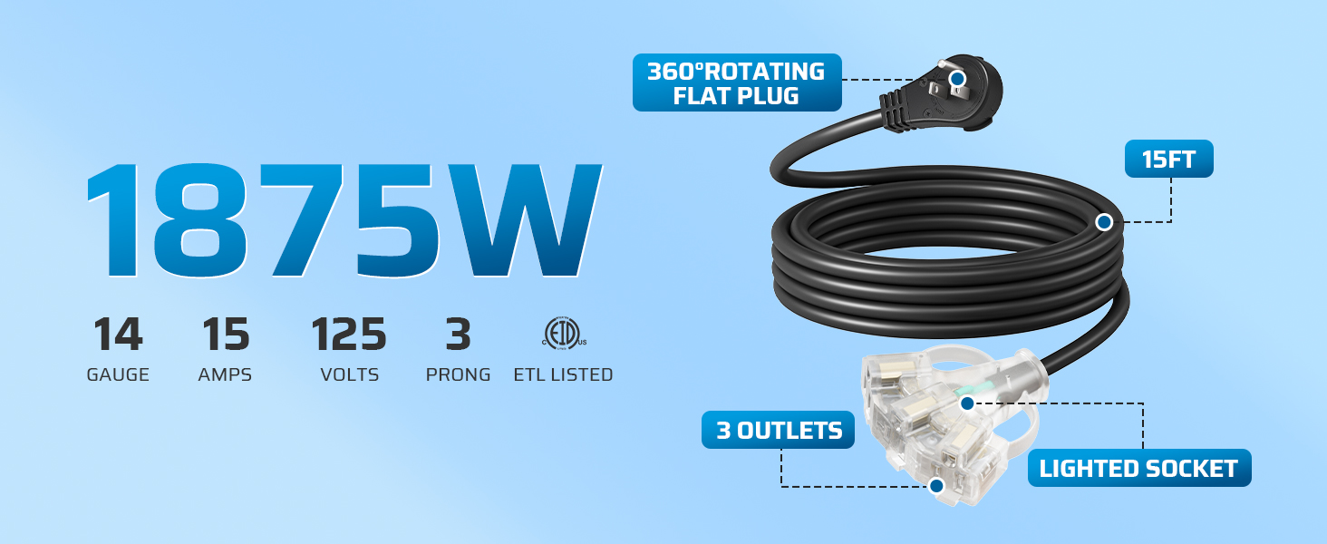 360° Rotating Flat Plug Outdoor Extension Cord