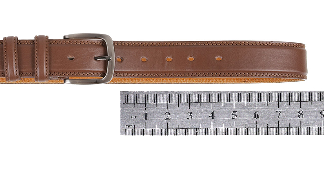 Brown leather belt with metal buckle next to ruler showing length. Belt features stitched edges and multiple hole adjustments for sizing.