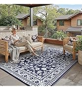 PureCozy Outdoor Waterproof 6x9 Plastic Straw Patio Rug Navy Blue Reversible for Outside Vintage ...