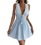 Inroserm Women's Summer Beach Striped Swimsuit Cover Up Vacation Deep V Neck Backless Mini Dress