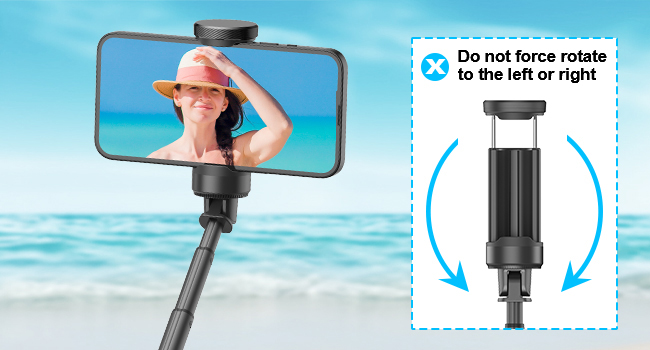Selfie stick user guide showing proper rotation. Features beach scene on phone screen and diagram of stick's pivot mechanism.