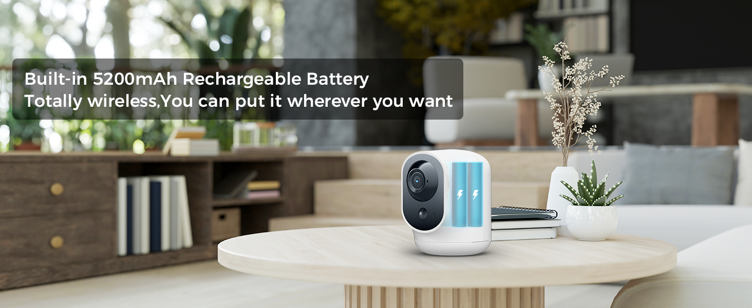 White cylindrical smart camera with display on a table. Text indicates 5200mAh rechargeable battery for portable use.