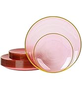 N9R 60PCS Pink Plastic Plates with Gold Rim – 30 Dinner & 30 Dessert Plates, Circular Ribbed Desi...
