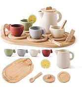 Wooden Tea Party Set for Little Girls 14pcs Toddler Tea Set with Silicone Teapot Cups Carrying Tr...