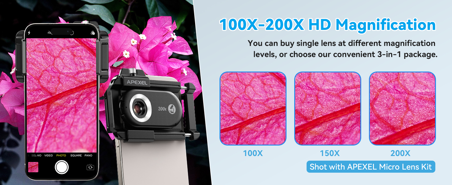 APEXEL 100X/150X/200X/3-IN-1 Phone Microscope Lens