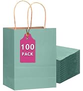 qiqee 100PCS Gift Bag with Handles Bulk Kraft Light Blue Paper Bags Multiple Uses (13''x5 x10 inc...