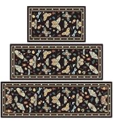 CHICNOOK 3 Piece Vintage Naturalist Kitchen Rug Set, Black Botanical Butterfly Insect Print Floor...