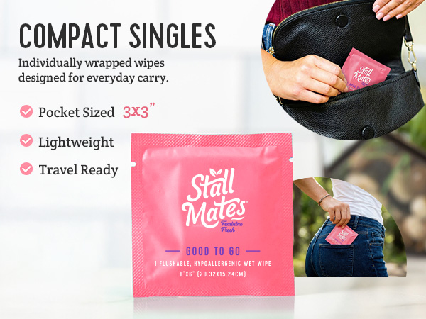 Stall Mates wipes. Compact singles individually wrapped for travel. Pocket-sized 3 inch packets.