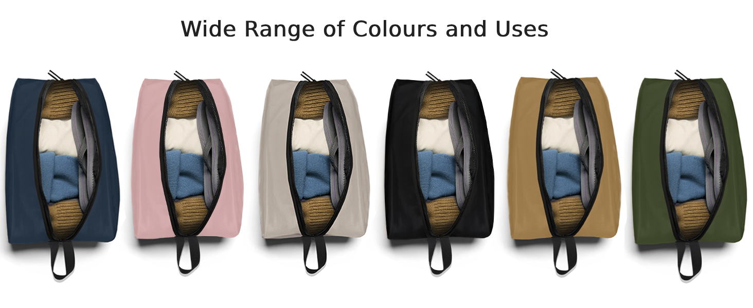 Six zippered toiletry bags in various colors: navy, pink, grey, black, tan, and green. Each bag shows an interior compartment with toiletries visible through a clear panel.