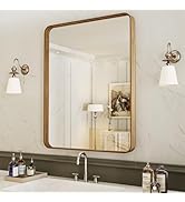 LOAAO 22X30 Inch Bathroom Mirror with Wood Grain Colored Metal Frame, Rounded Rectangle Metal Fra...