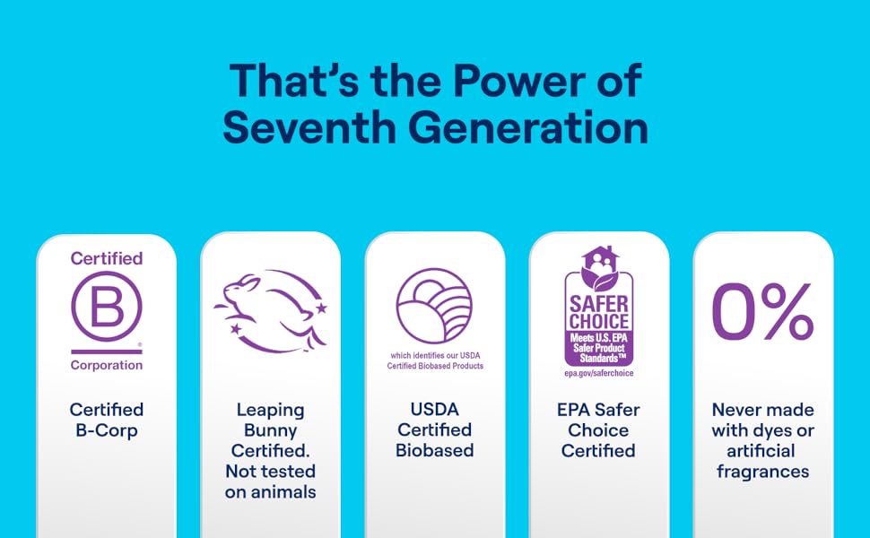 Seventh Generation Certified B Corp, Leaping Bunny, USDA Biobased, EPA Safer Choice.