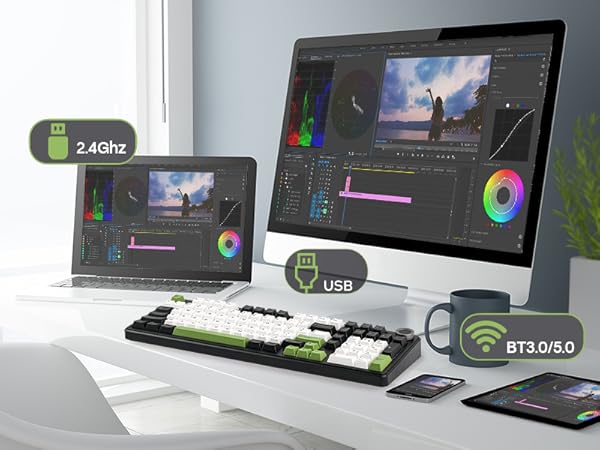 a desk with a keyboard, mouse, and a keyboard.