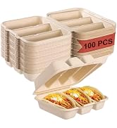 FELISTORY 100 PCS Taco Plates Disposable with Lid 8.4 * 7.1 * 3in, 3-Slot Taco Holder, Bagasse Pu...