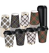 RUSPEPA Disposable Paper Coffee Cups with Lids - 48 Pack, 12 oz, Christmas Plaid Design, Thickene...