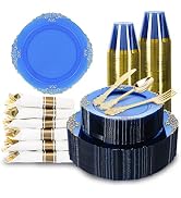 Pryntono 350PCS Gold and Blue Plastic Plates, Gold Plastic Dinnerware Sets for 50 Guests, 100 Dis...