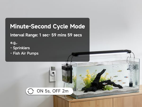 an aquarium with air pump connected to cyle plug in timer (displayed cycle setting: ON 5s, OFF 2m)