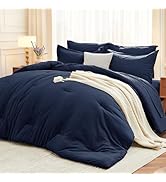 MUXHOMO 7 Pieces Queen Comforter Set, Navy Blue Comforter - Soft Bed in a Bag Queen Size, All Sea...