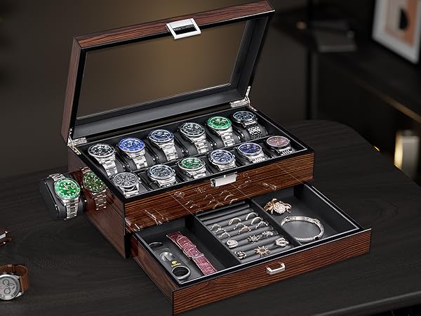 High-End Watch Box, 12-Slot Watch Case with Large Glass Lid, 2-Layer Wooden Watch Box for Men