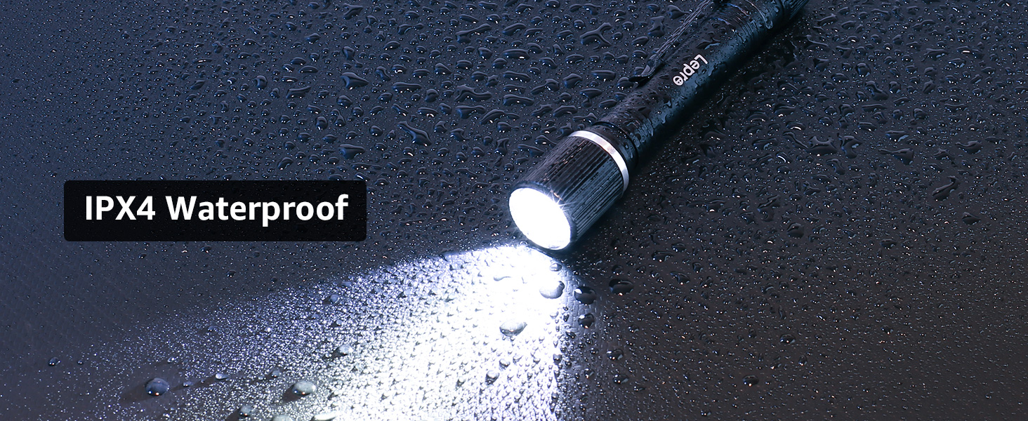 Text reads 'IPX4 Waterproof'. Demonstration of bright LED light beam against dark background showing waterproof lighting capabilities.
