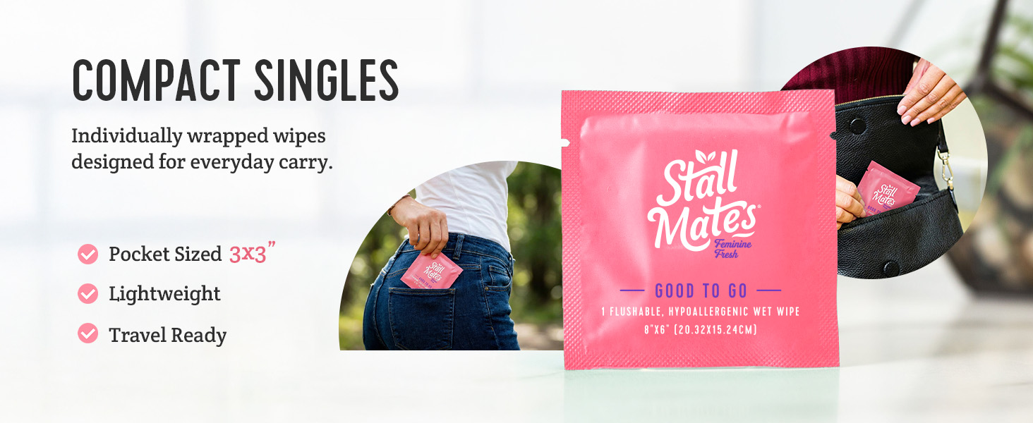 Stall Mates wipes. Compact singles individually wrapped for travel. Pocket-sized 3 inch packets.
