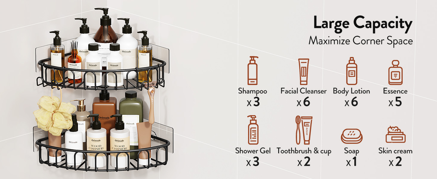 Orimade Corner Shower Caddy Stainless Steel with Hooks Wall Mounted Bathroom Shelf Storage Organizer