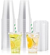 JOLLY PARTY 100Pack 16 oz Clear Plastic Cups With Flat Lids, Disposable Clear Cups with Straw Slo...