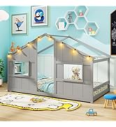 Giantex Twin Kids House Bed with Light Bulbs, Wooden Montessori Floor Bed Frame with Roof & Windo...