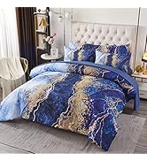 PERFEMET 6 Pcs Bed-in-A-Bag Blue Watercolor Marble Printed Queen Size Comforter Set with Matched ...