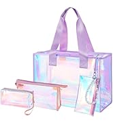 Cosweet 26L Iridescent Beach Tote Bag with 3 Small Pouch for Phone/Makeup -Waterproof Clear Jelly...