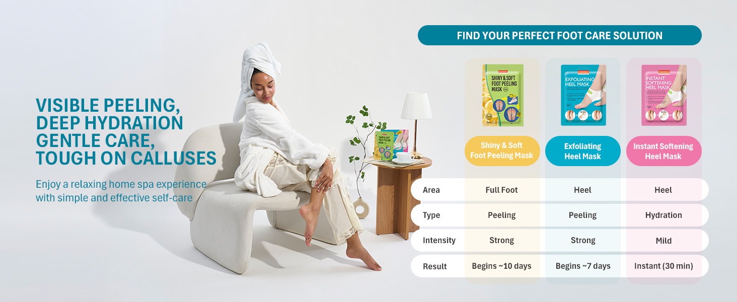 Comparison chart of 3 foot peeling/heel masks by area, type, intensity, and result time