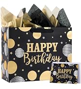 SUNCOLOR Large Birthday Gift Bag Set, Black with Gold Foil Design, 13x10.2x5.1 Inches, Includes T...