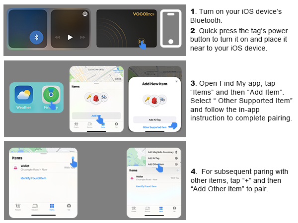 iPhone screen showing Find My app setup instructions for pairing with accessory. Steps include turning on Bluetooth, pressing tag's button, and adding item in app.