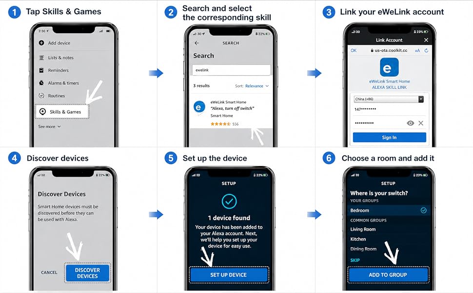 Text reads 'Tap Skills & Games', 'Search and select device', 'Link your dBLLink account', 'Remember devices', 'Set up the device', 'Choose a room and add it'. Six smartphone screens showing sequential app setup steps with blue accent colors and navigation arrows.