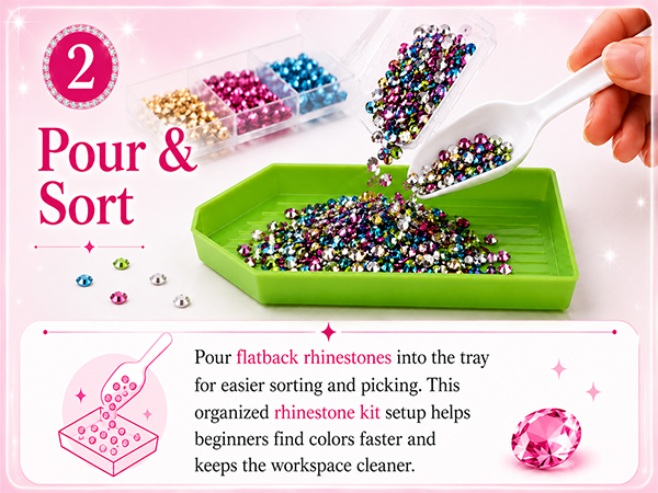 Flatback rhinestones poured into a tray for easier sorting and picking
