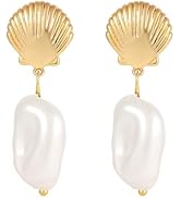 Elegant Gold Plated Stud Earrings for Women, Hypoallergenic Pearl&Shell Ear Studs, Classic Minima...