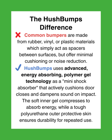 Comparison graphic showing difference between common rubber bumpers and HushBumps