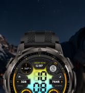 Digital sports watch with large circular display showing time 10:08, yellow and black colorway, featuring multiple analog dials and buttons around the bezel, photographed against dark background.
