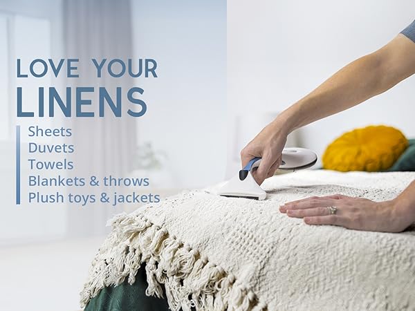 love your linens, fabric shaver, gleener, lint brush, fabric care, battery-free, sustainable