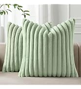 Pallene Faux Fur Plush Throw Pillow Covers 18x18 Set of 2, Luxury Soft Fluffy Striped Spring Deco...