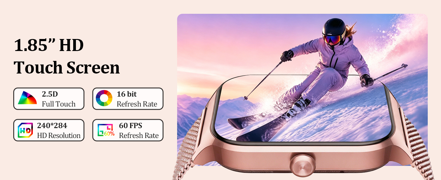 Text reads '1.85" HD Touch Screen' with specs '2.0P Face Unlock', '10 Sat Refresh Rate', '240*284 HD Resolution', '60 FPS'. Image shows touchscreen device displaying skier on snowy mountain landscape with winter sports scene.