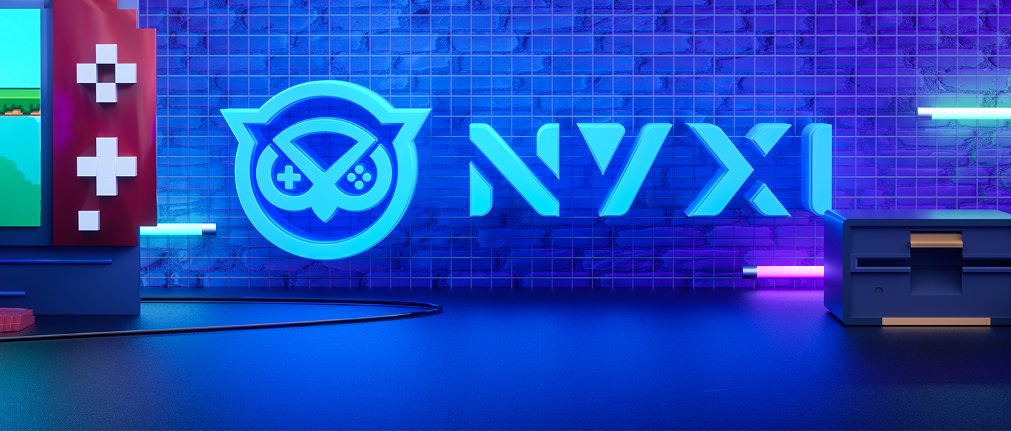 Blue neon sign displaying 'NYXI' text with an owl-like logo. Set against a background of blue mosaic tiles.