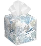 Marine Sea Shells Tissue Box Cover,Coral PU Leather Tissue Box Holder Square,Modern Home Decorati...