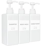Shampoo and Conditioner Dispenser, Refillable Plastic Shampoo Pump Bottles with Waterproof Labels...