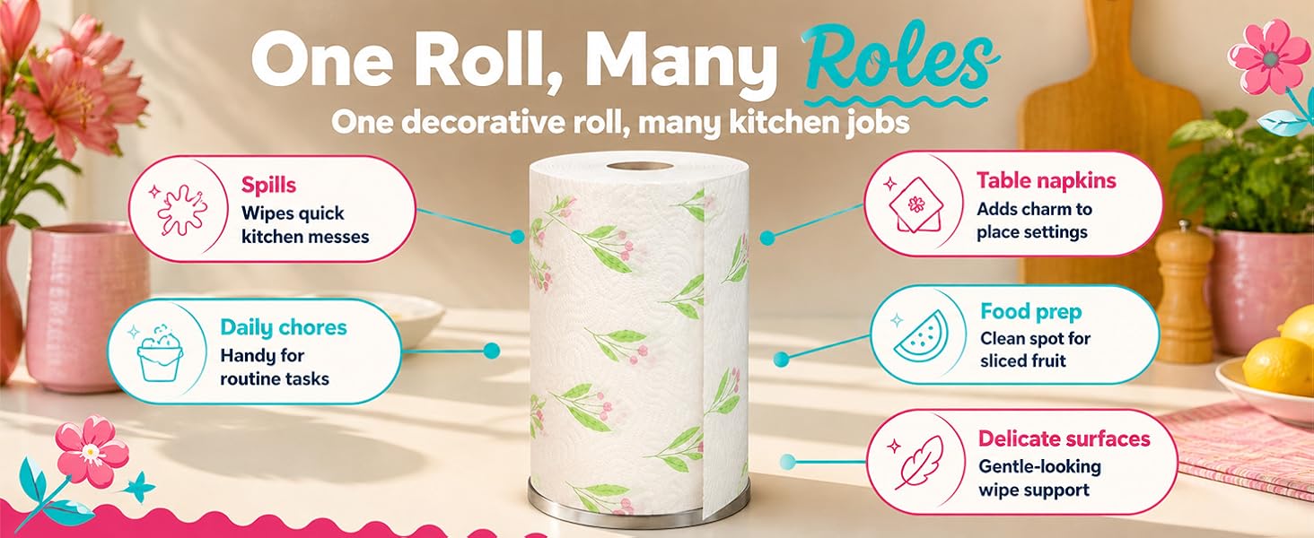 Paper towel roll on countertop holder used for kitchen spills, food prep and table napkins