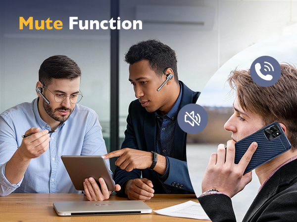 Text reads 'Mute Function.' Three people in casual business setting using smartwatch with mute gesture demonstration during video call or meeting.