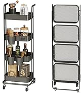 DTK 4 Tier Metal Foldable Utility Rolling Storage Cart, Handle and Locking Wheels, 3 Small Basket...