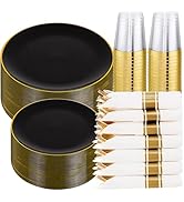 KIRE 350 PCS Plastic Dinnerware Set for 50 Guests - Black and Gold Plates 50 for Dinner 50 for De...
