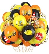 Construction Balloons, 12 Inch Black Yellow Orange Confetti Truck Construction Party Latex Balloo...