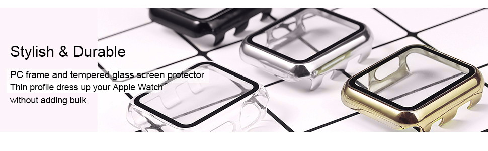 apple watch Plated Tempered Glass Screen Protector Gold Case series 1 2 3 4 5 6 se 40mm 44mm