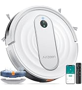 White circular robot vacuum cleaner with smartphone app control interface, remote control, and mopping functionality. Features camera sensor and slim profile design.